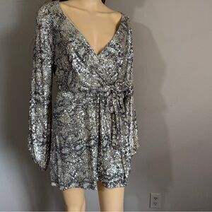 Silver Dress Sequins Wrap Dress Mixed Silvers V Neck Long Sleeve Sequin Sz S